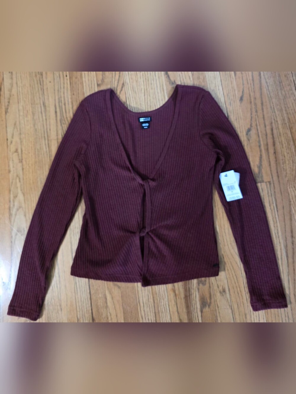 Billabong Burgundy Ribbed Knot-Front Long Sleeve Tee Medium